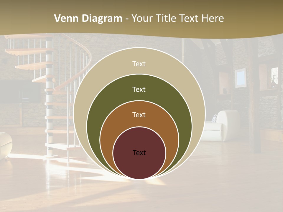 A Living Room Filled With Furniture And A Spiral Staircase PowerPoint Template