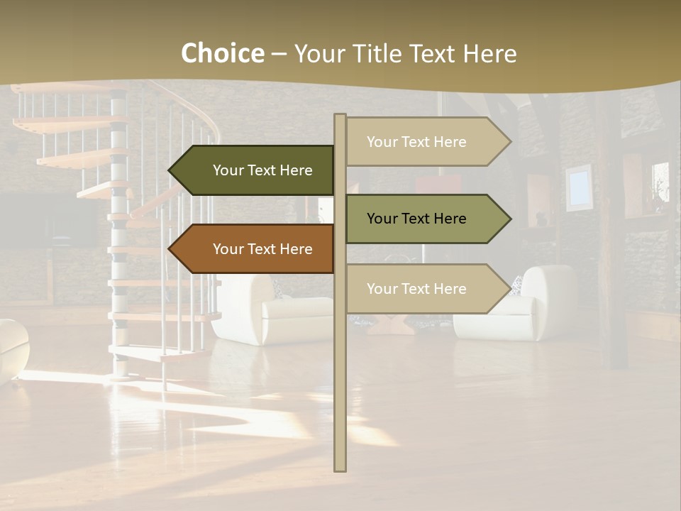 A Living Room Filled With Furniture And A Spiral Staircase PowerPoint Template