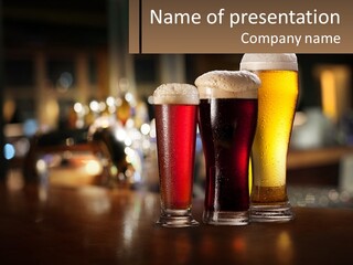 Three Glasses Of Beer On A Table With A Bar In The Background PowerPoint Template