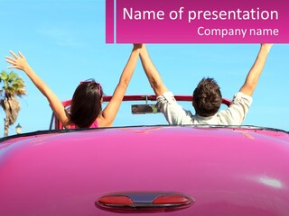 Two People Sitting In The Back Of A Pink Car PowerPoint Template