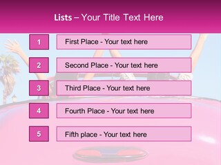 Two People Sitting In The Back Of A Pink Car PowerPoint Template