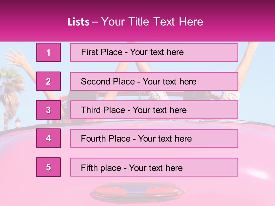 Two People Sitting In The Back Of A Pink Car PowerPoint Template