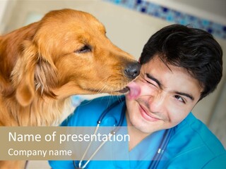A Man In A Blue Shirt Is Giving A Dog A Kiss PowerPoint Template