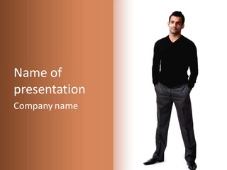 A Man Standing In Front Of A Brown Background PowerPoint Template