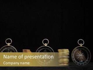 A Row Of Coins With A Compass On Top Of Them PowerPoint Template