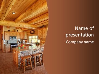 A Large Kitchen With A Center Island And Wooden Cabinets PowerPoint Template