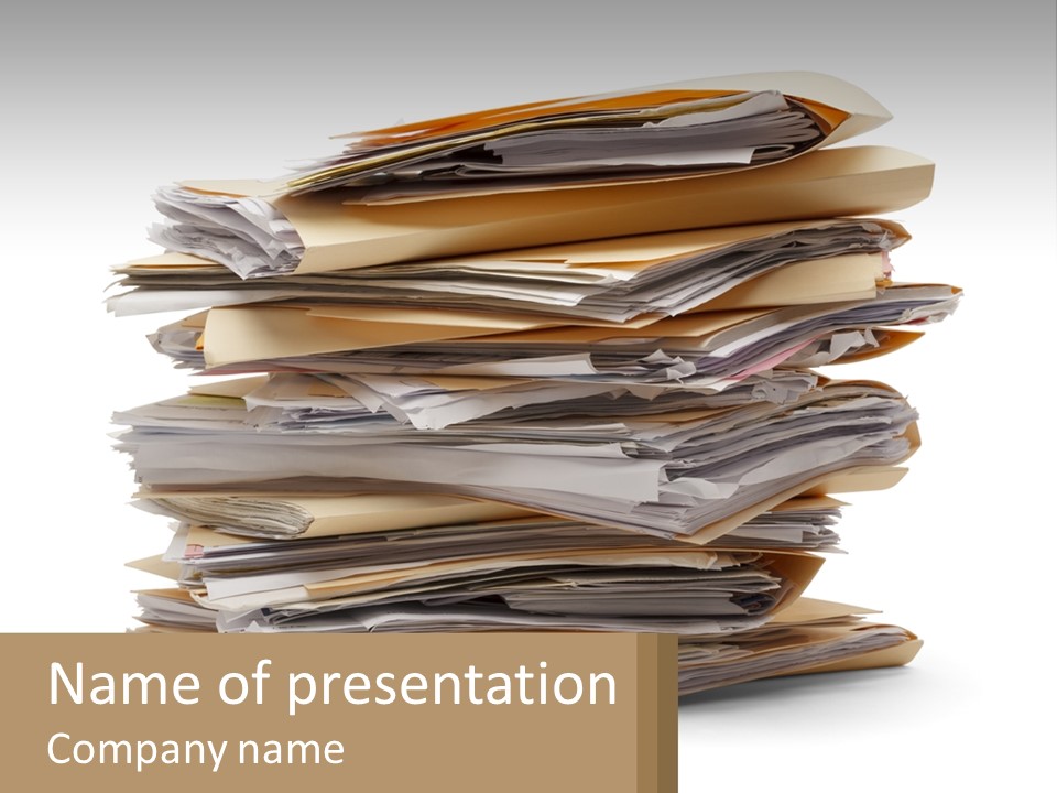 A Stack Of Files With A Business Card On Top Of It PowerPoint Template