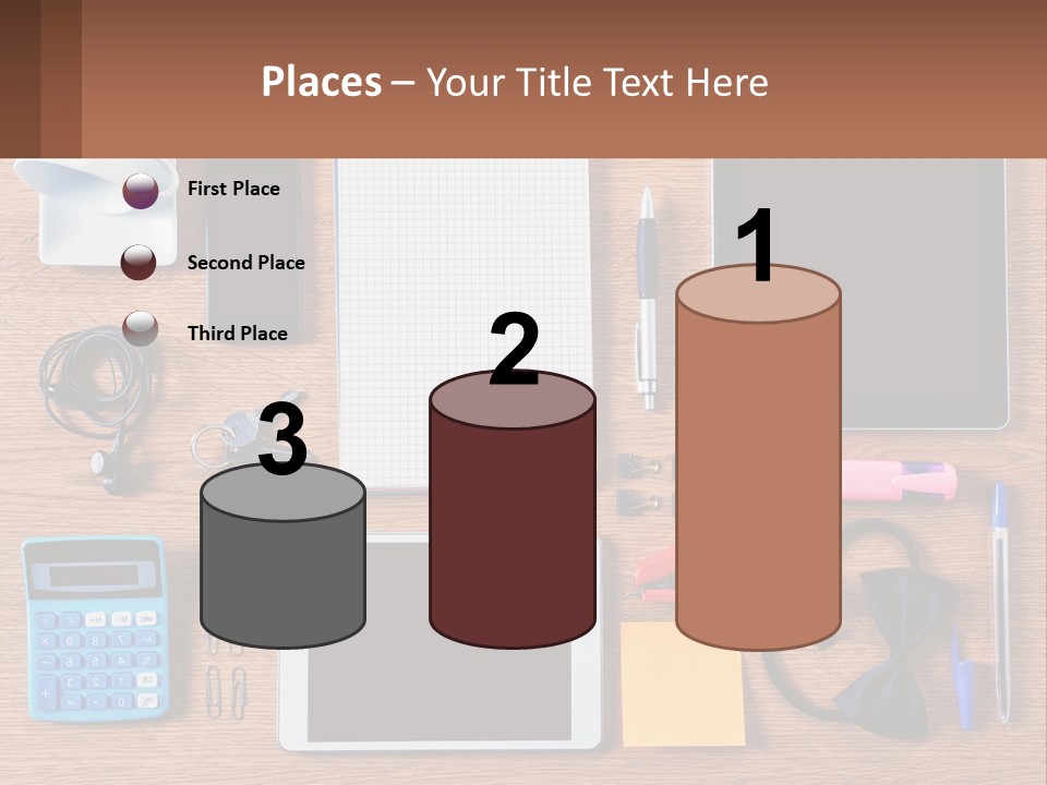 A Wooden Table Topped With Lots Of Office Supplies PowerPoint Template
