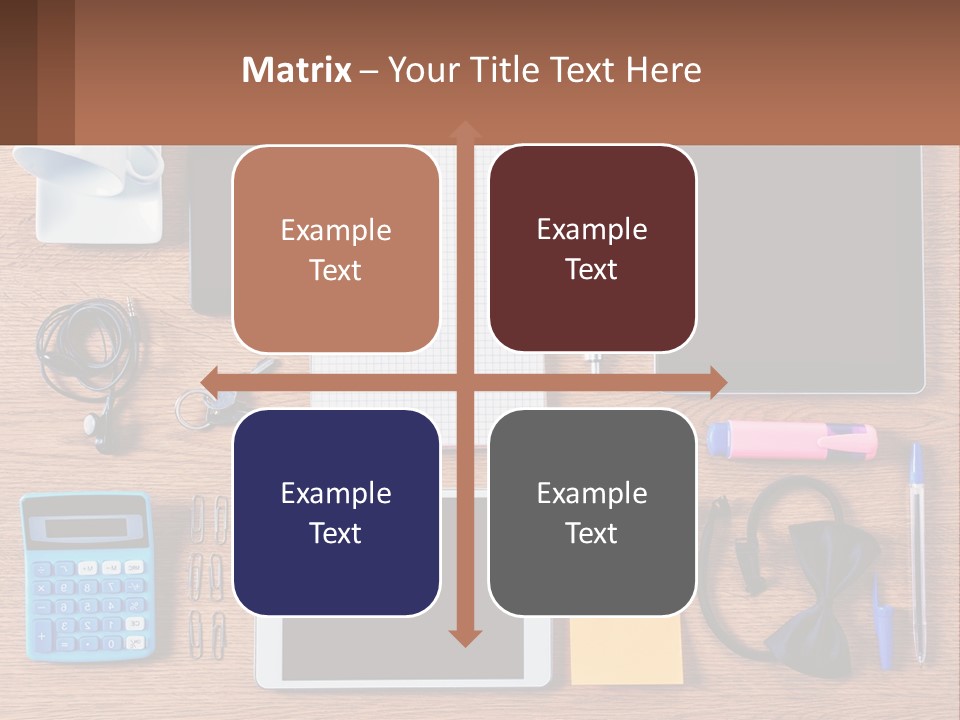 A Wooden Table Topped With Lots Of Office Supplies PowerPoint Template