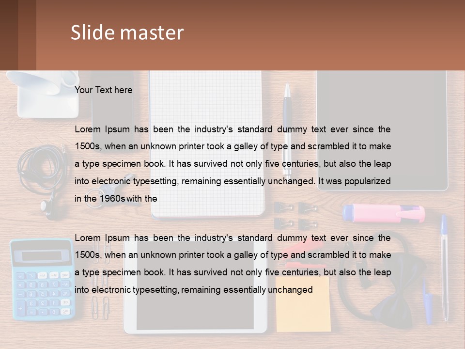 A Wooden Table Topped With Lots Of Office Supplies PowerPoint Template