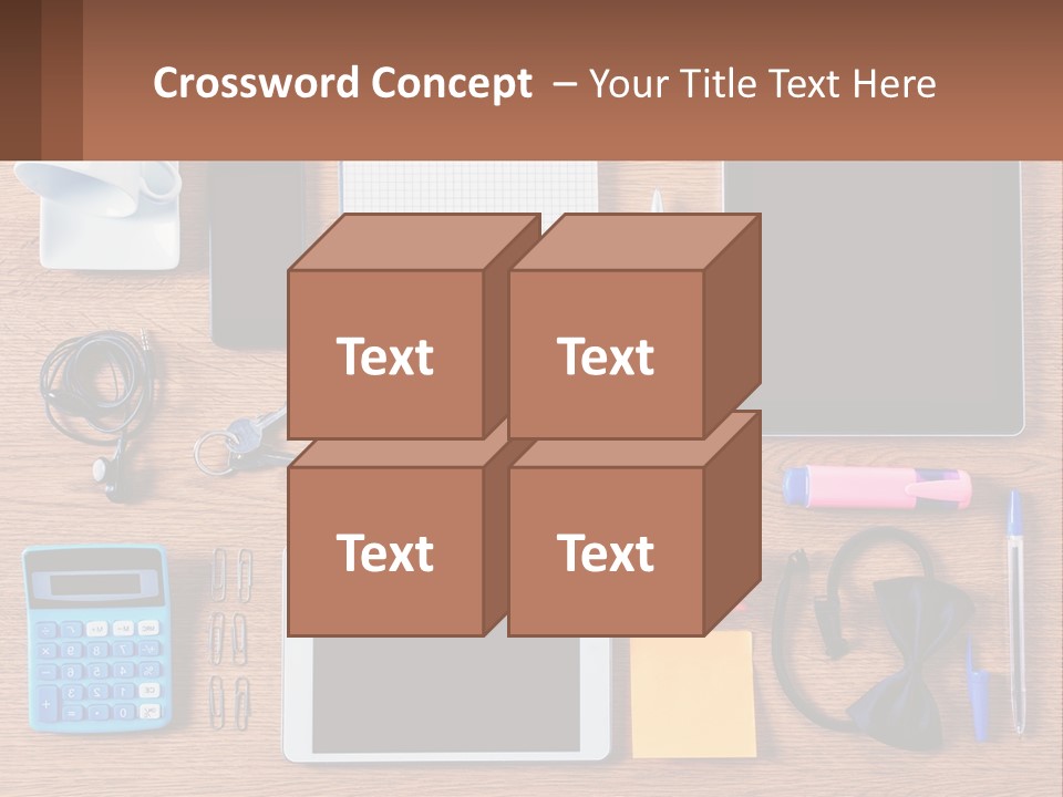 A Wooden Table Topped With Lots Of Office Supplies PowerPoint Template