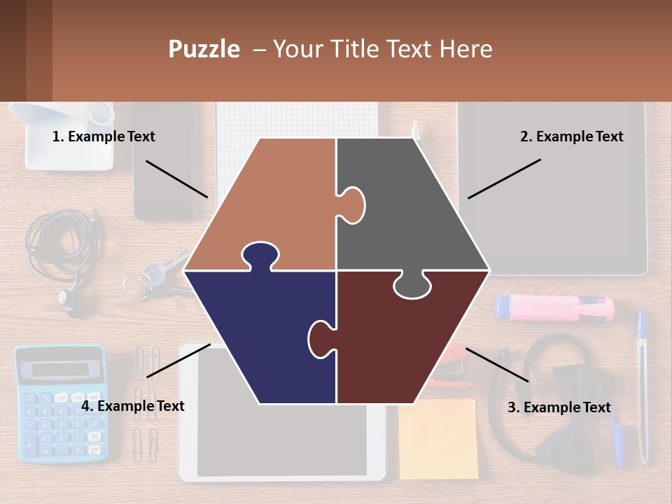 A Wooden Table Topped With Lots Of Office Supplies PowerPoint Template