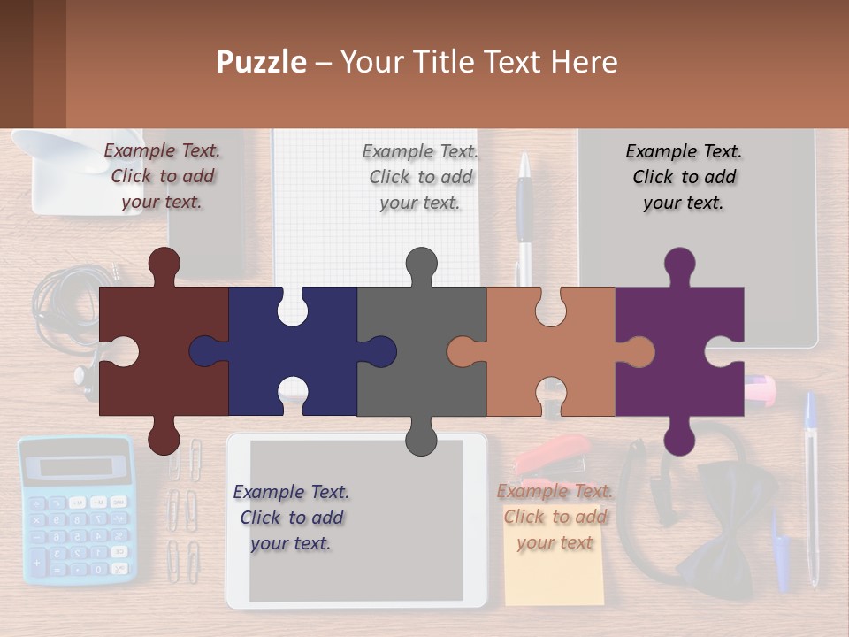 A Wooden Table Topped With Lots Of Office Supplies PowerPoint Template