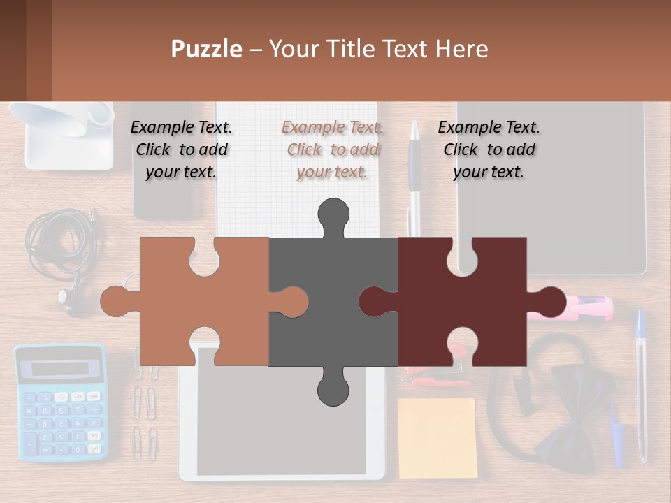 A Wooden Table Topped With Lots Of Office Supplies PowerPoint Template