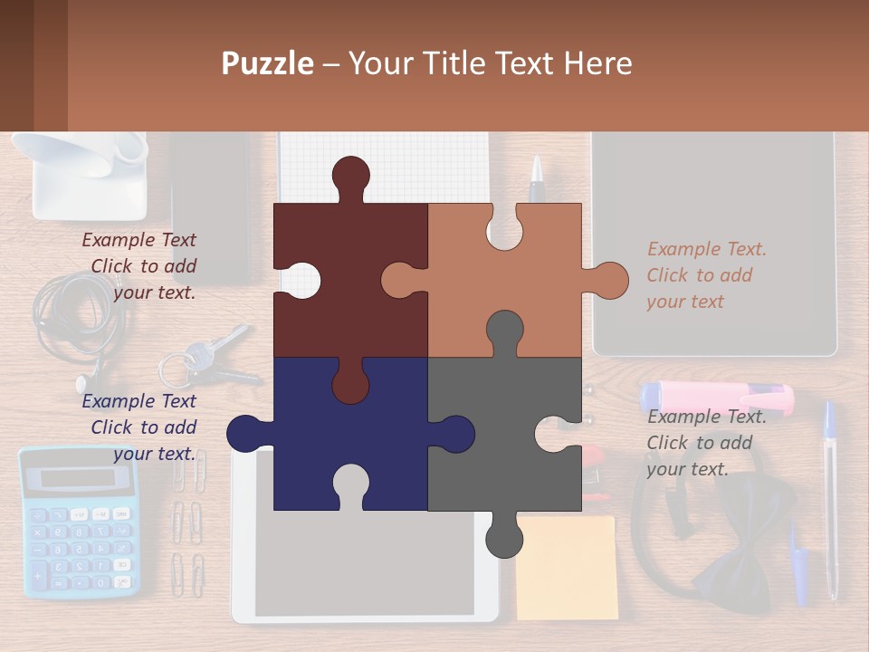 A Wooden Table Topped With Lots Of Office Supplies PowerPoint Template