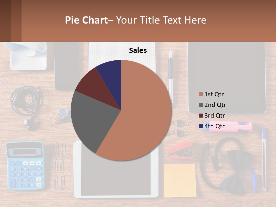 A Wooden Table Topped With Lots Of Office Supplies PowerPoint Template