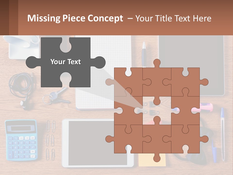 A Wooden Table Topped With Lots Of Office Supplies PowerPoint Template