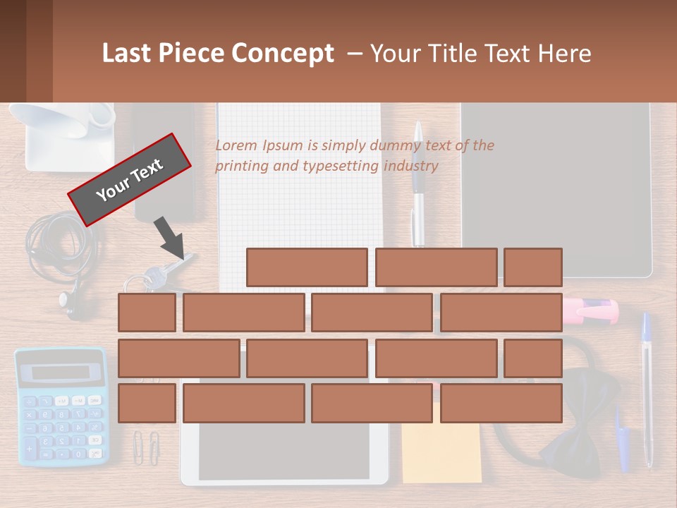 A Wooden Table Topped With Lots Of Office Supplies PowerPoint Template