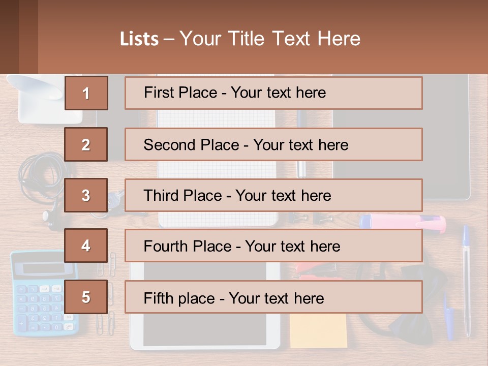 A Wooden Table Topped With Lots Of Office Supplies PowerPoint Template