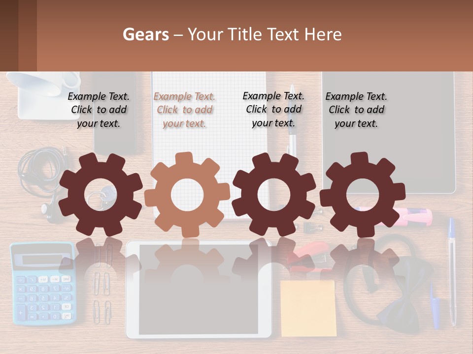 A Wooden Table Topped With Lots Of Office Supplies PowerPoint Template