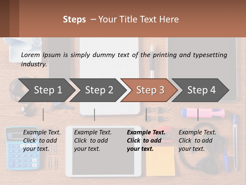 A Wooden Table Topped With Lots Of Office Supplies PowerPoint Template