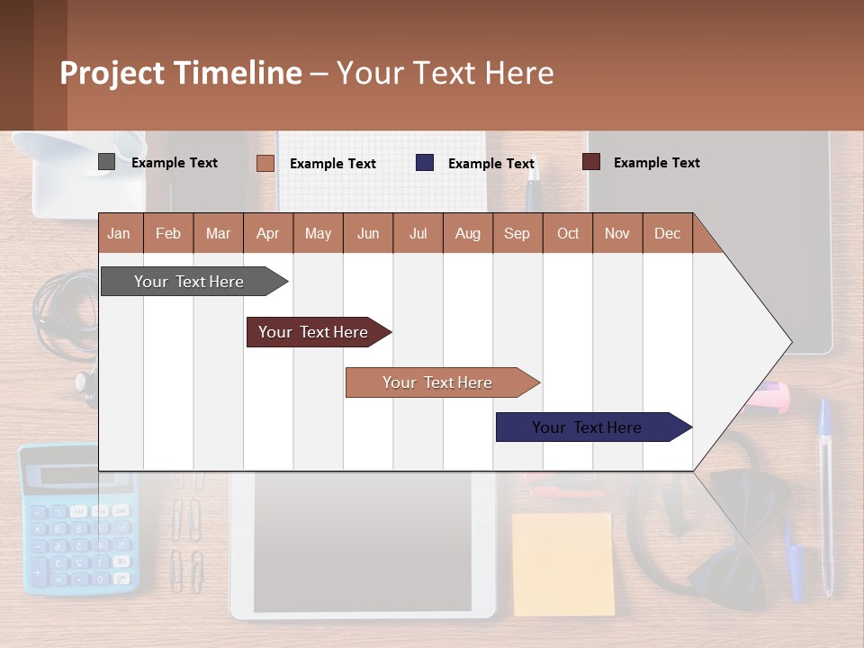 A Wooden Table Topped With Lots Of Office Supplies PowerPoint Template