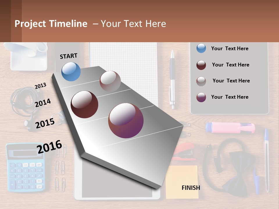 A Wooden Table Topped With Lots Of Office Supplies PowerPoint Template