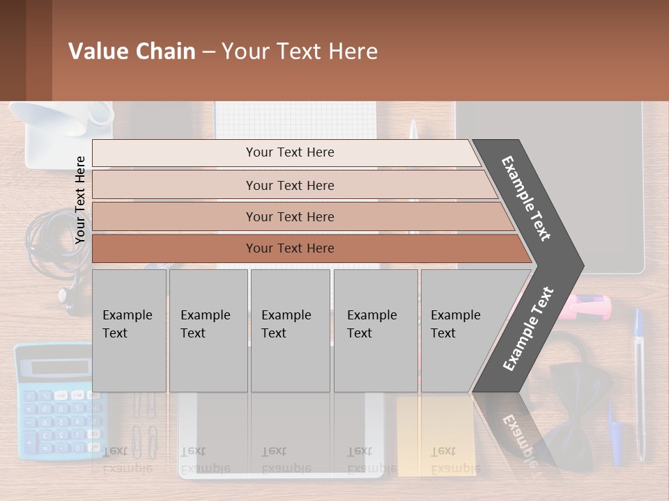 A Wooden Table Topped With Lots Of Office Supplies PowerPoint Template