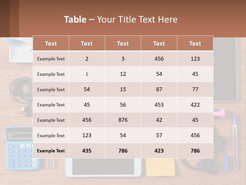 A Wooden Table Topped With Lots Of Office Supplies PowerPoint Template