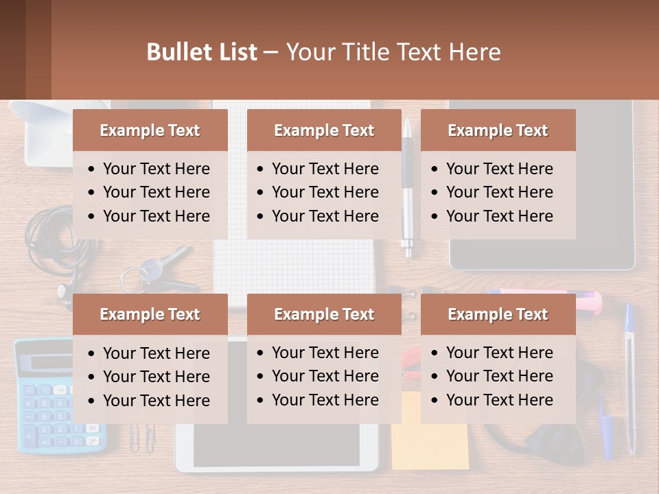 A Wooden Table Topped With Lots Of Office Supplies PowerPoint Template