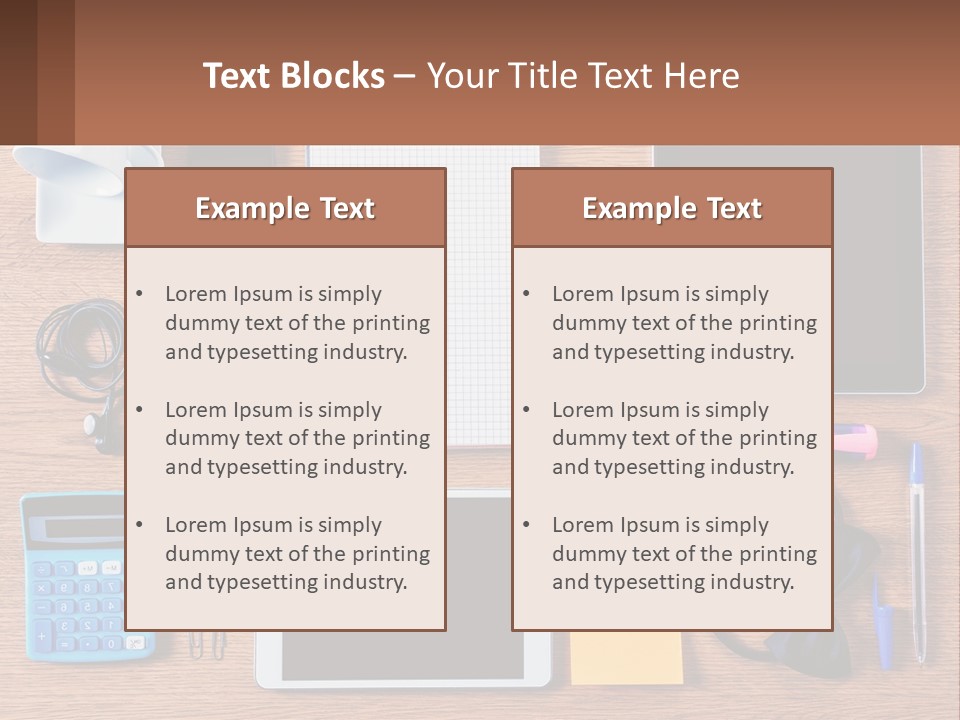 A Wooden Table Topped With Lots Of Office Supplies PowerPoint Template