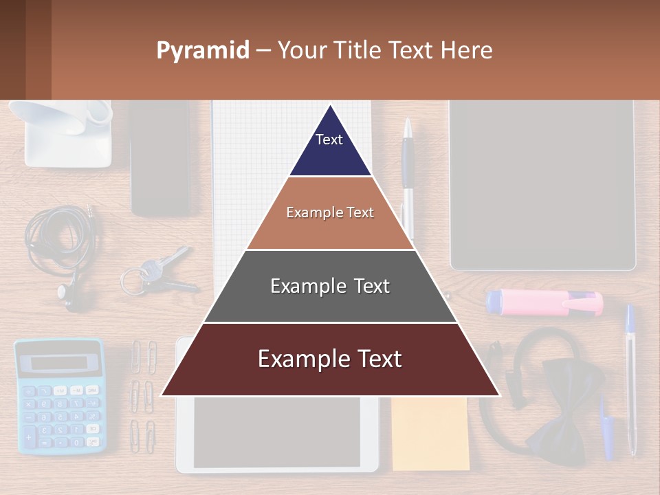 A Wooden Table Topped With Lots Of Office Supplies PowerPoint Template