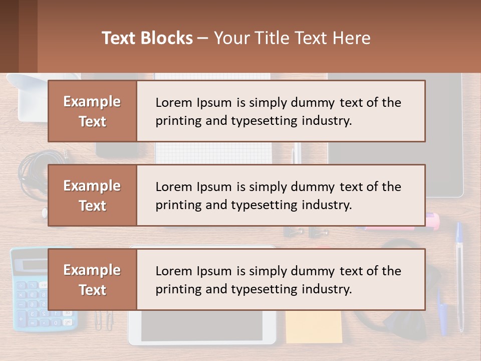 A Wooden Table Topped With Lots Of Office Supplies PowerPoint Template