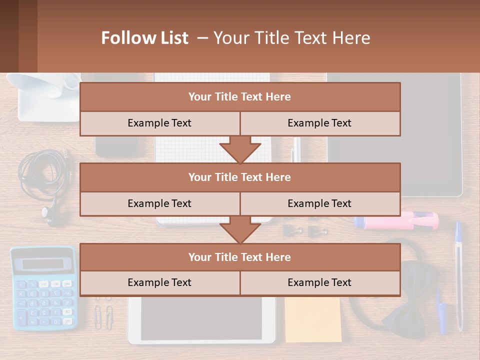 A Wooden Table Topped With Lots Of Office Supplies PowerPoint Template