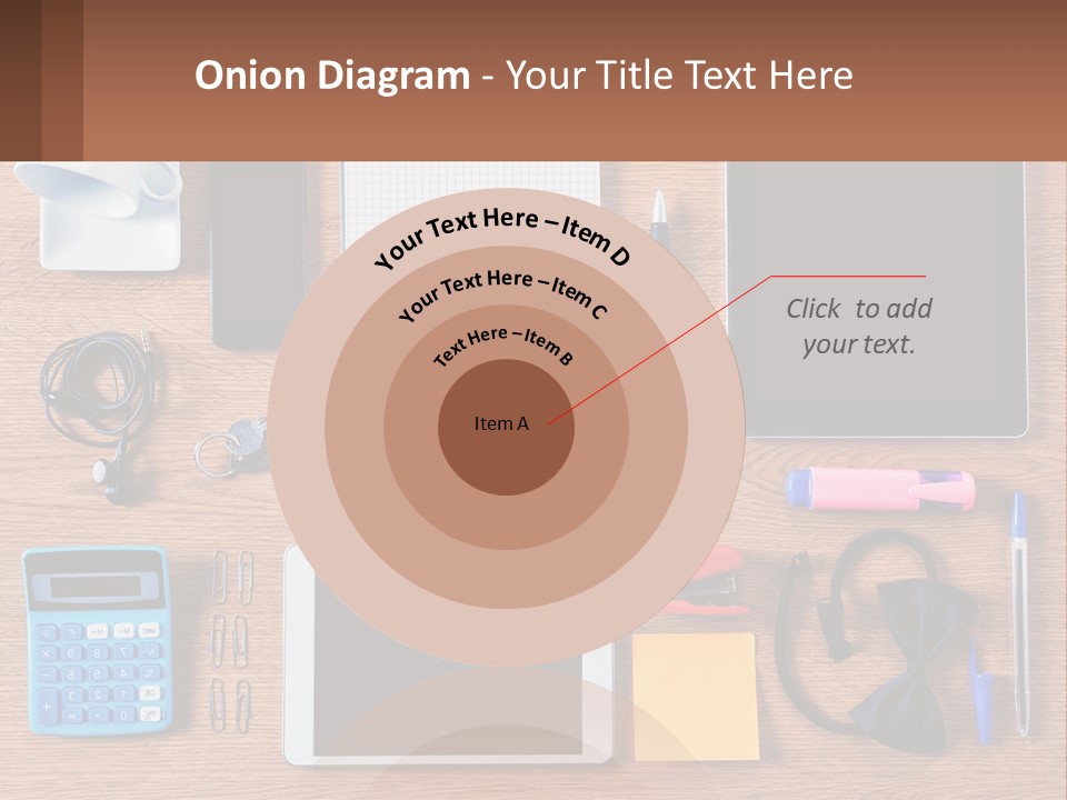 A Wooden Table Topped With Lots Of Office Supplies PowerPoint Template