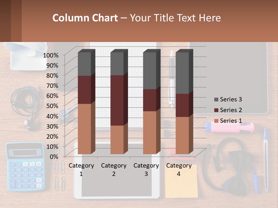 A Wooden Table Topped With Lots Of Office Supplies PowerPoint Template