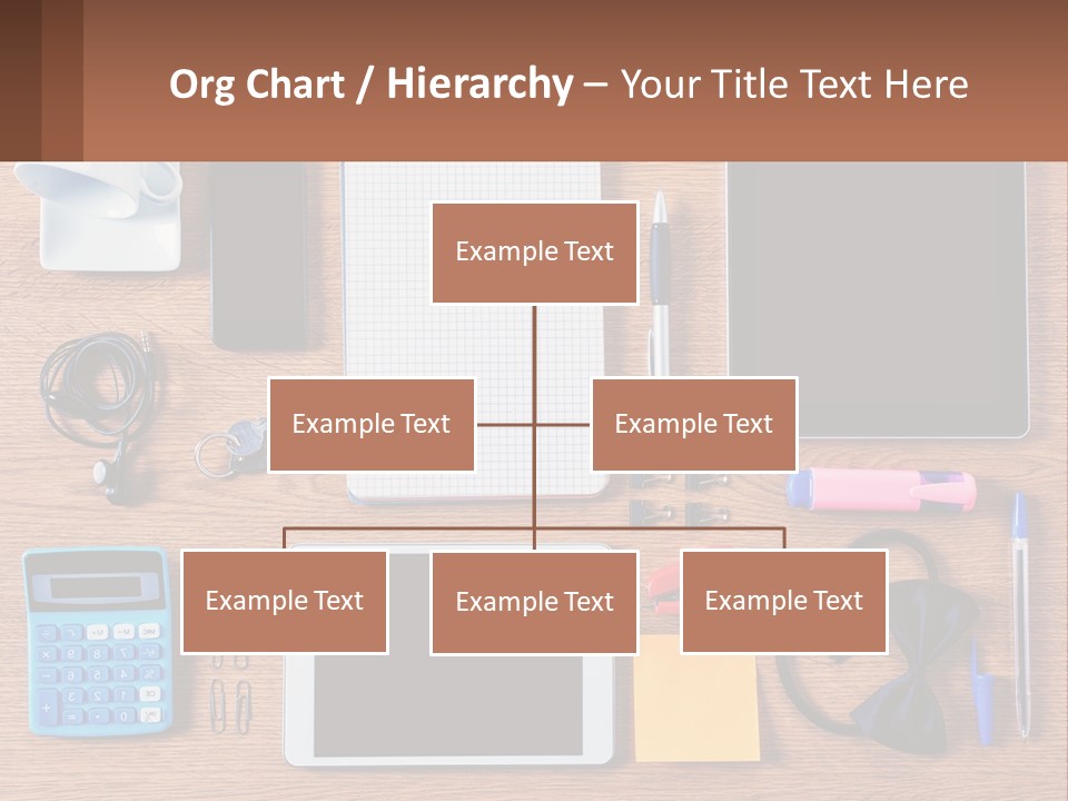 A Wooden Table Topped With Lots Of Office Supplies PowerPoint Template