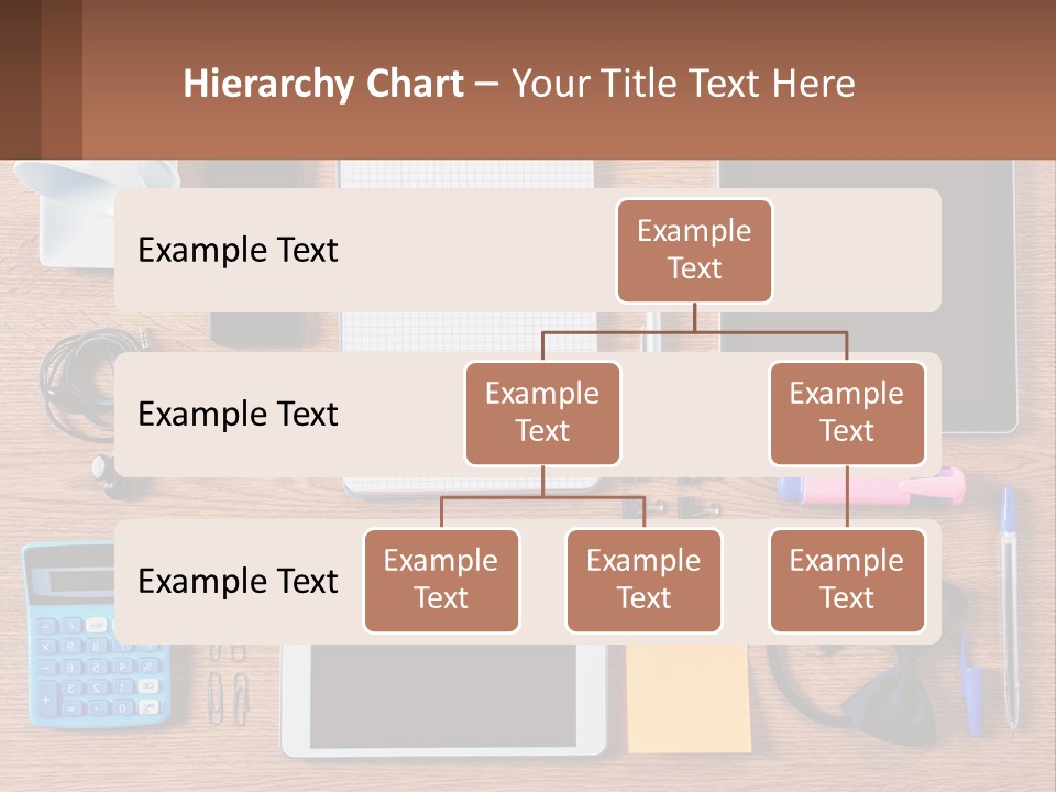 A Wooden Table Topped With Lots Of Office Supplies PowerPoint Template
