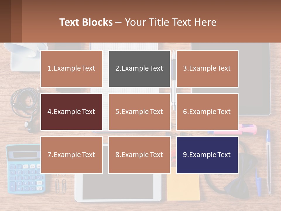 A Wooden Table Topped With Lots Of Office Supplies PowerPoint Template