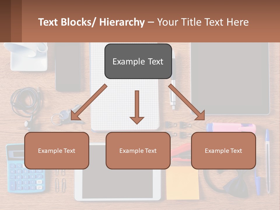 A Wooden Table Topped With Lots Of Office Supplies PowerPoint Template