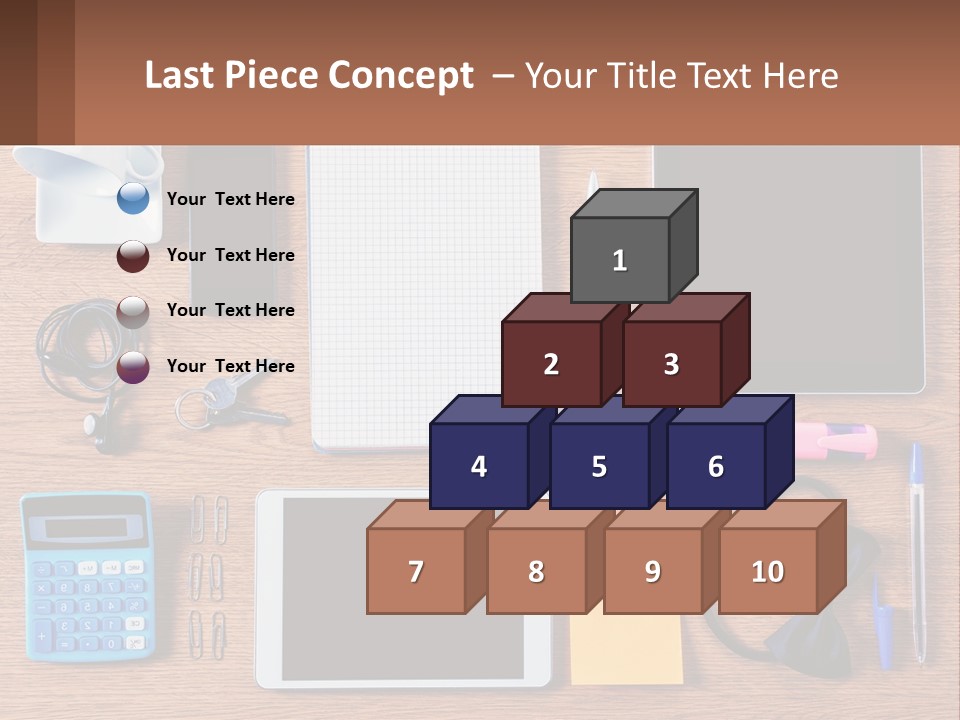A Wooden Table Topped With Lots Of Office Supplies PowerPoint Template
