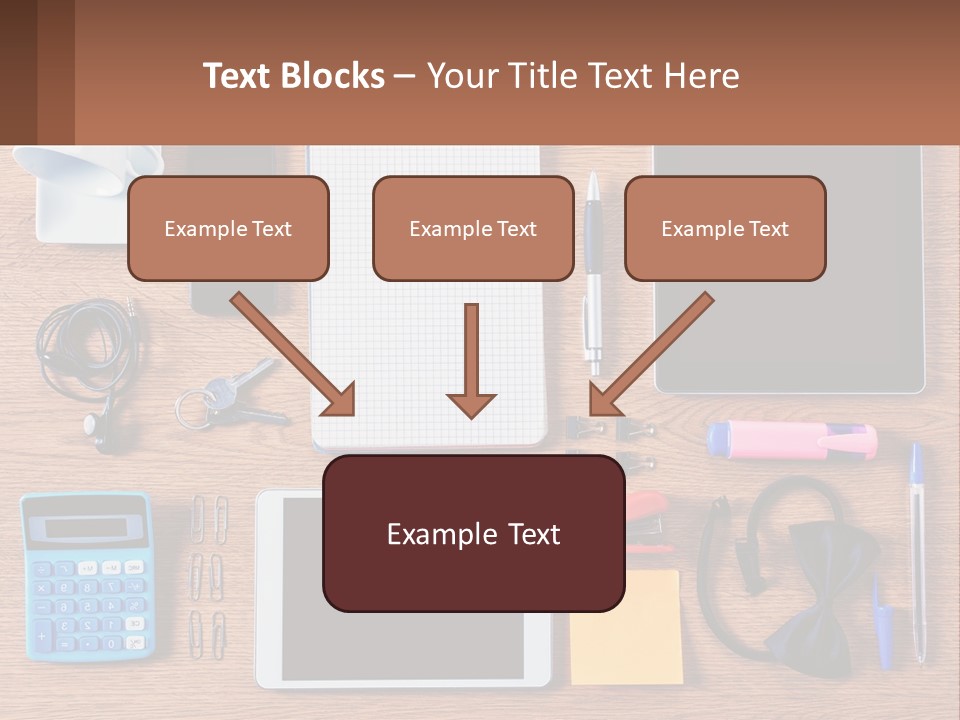A Wooden Table Topped With Lots Of Office Supplies PowerPoint Template