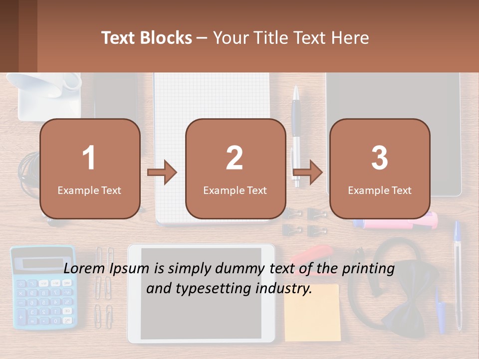 A Wooden Table Topped With Lots Of Office Supplies PowerPoint Template