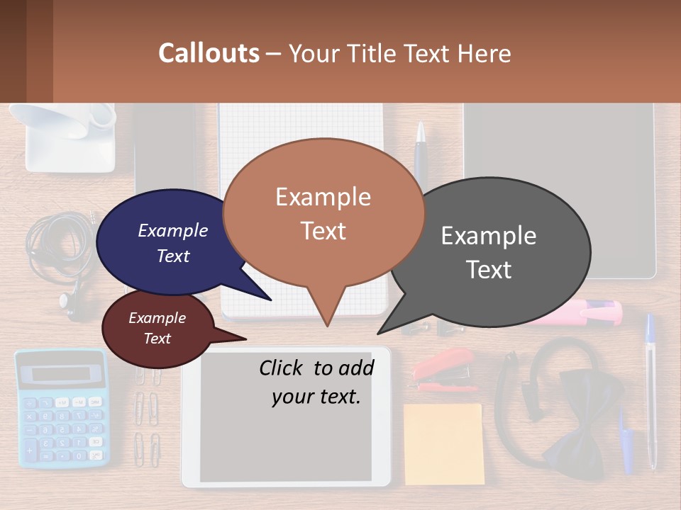 A Wooden Table Topped With Lots Of Office Supplies PowerPoint Template