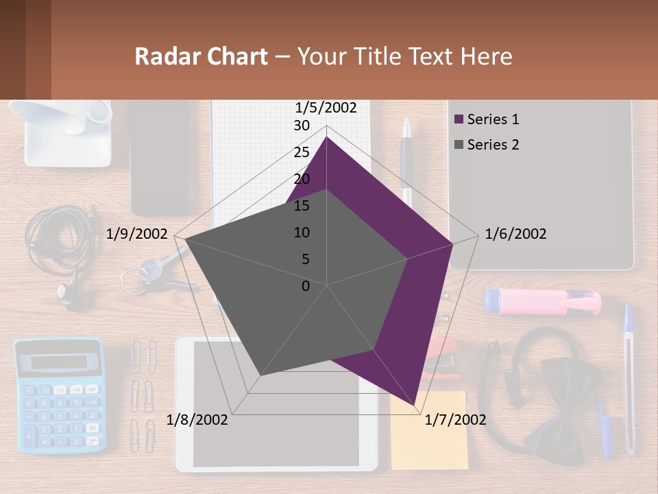 A Wooden Table Topped With Lots Of Office Supplies PowerPoint Template