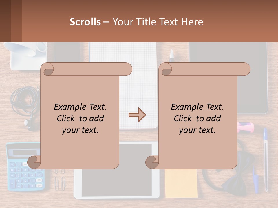 A Wooden Table Topped With Lots Of Office Supplies PowerPoint Template