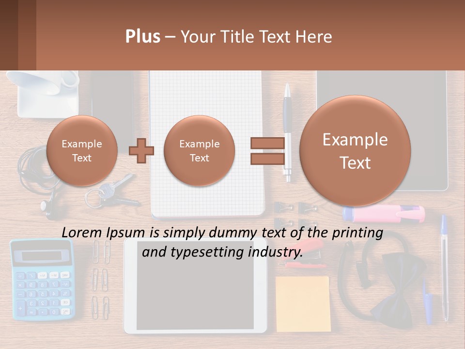 A Wooden Table Topped With Lots Of Office Supplies PowerPoint Template
