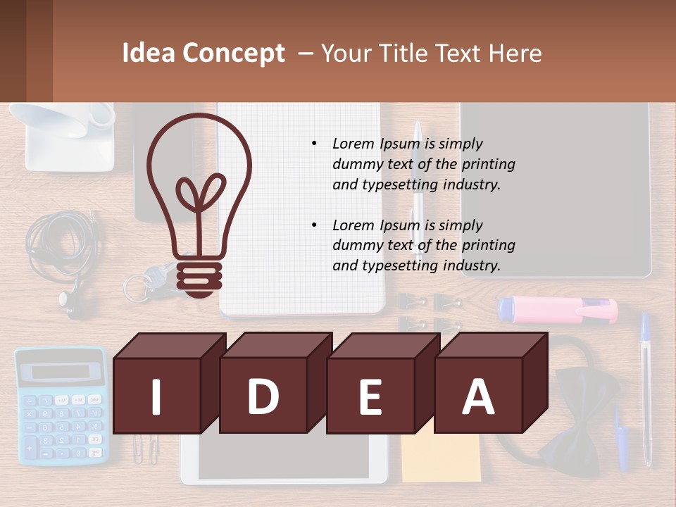 A Wooden Table Topped With Lots Of Office Supplies PowerPoint Template