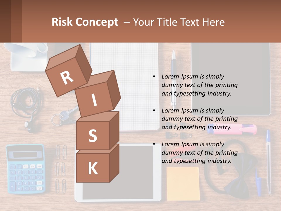 A Wooden Table Topped With Lots Of Office Supplies PowerPoint Template