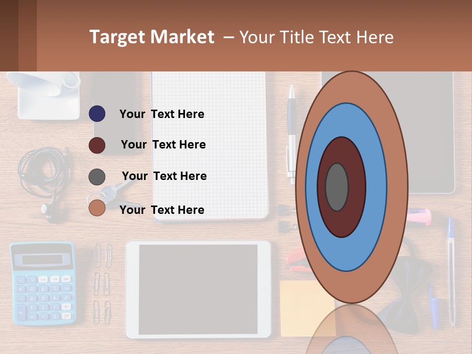 A Wooden Table Topped With Lots Of Office Supplies PowerPoint Template